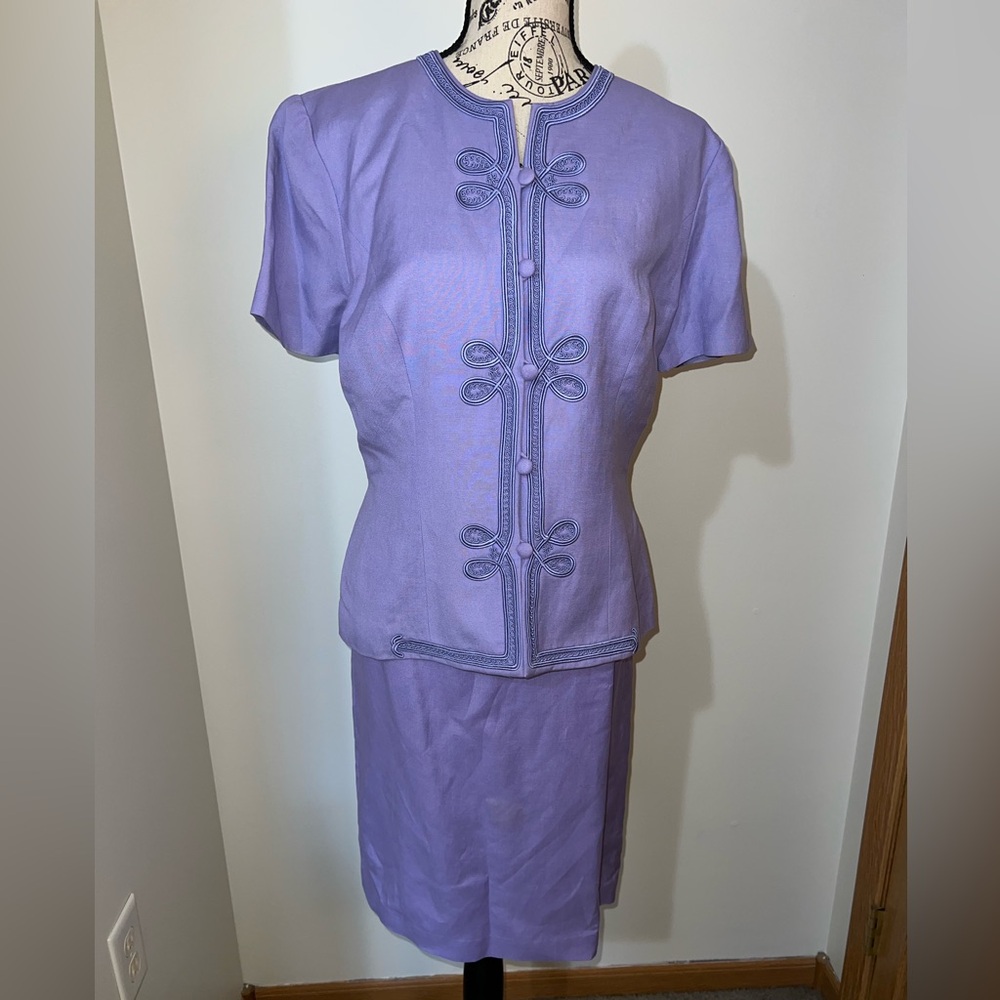 Donna Morgan Lavender Linen Blend Skirt Suit Set/VTG Embroidered Jacket/Size 10
